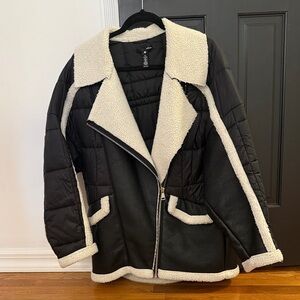 Aqua shearling faux leather puffer coat